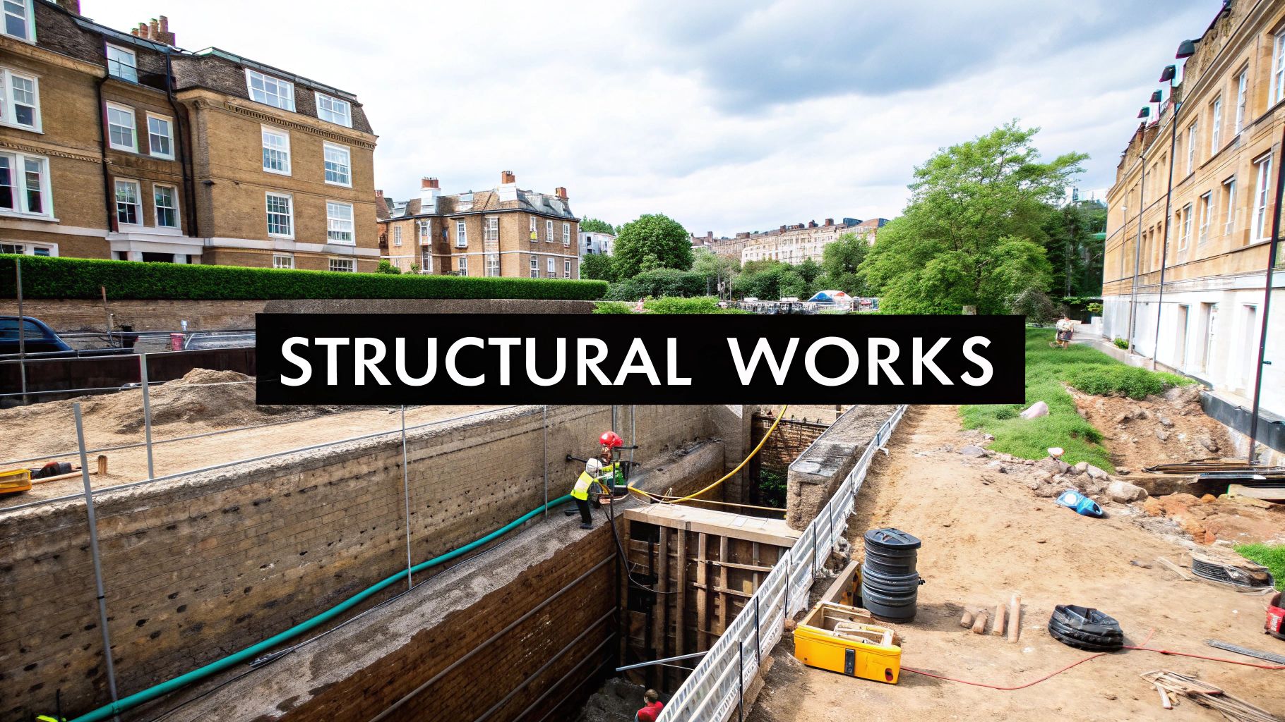 Construction workers engaged in structural works, excavating a deep trench next to buildings in a city.