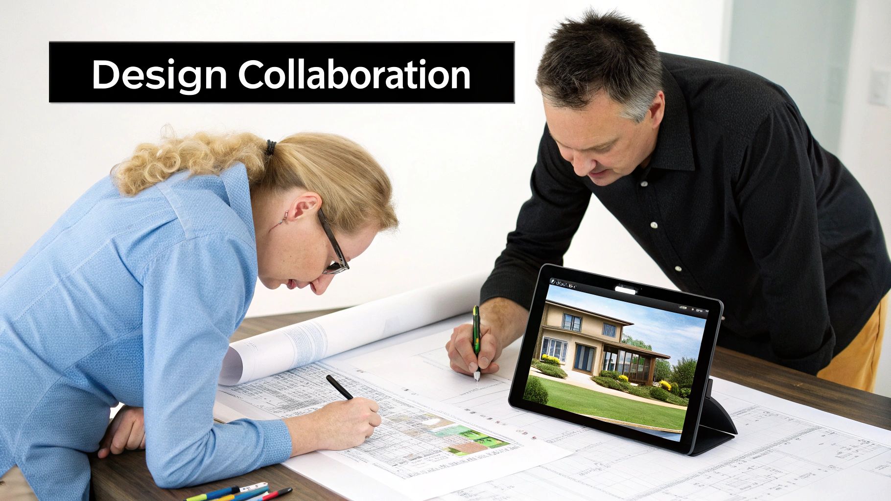 Two architects collaborate on blueprints, using a tablet displaying a modern house design.