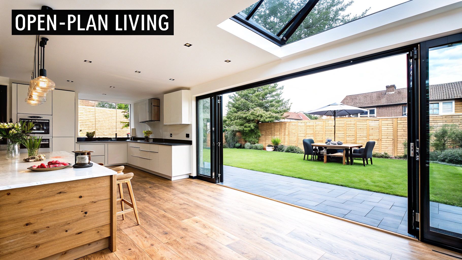 Modern open-plan kitchen and living space with bi-fold doors opening to a lush garden.