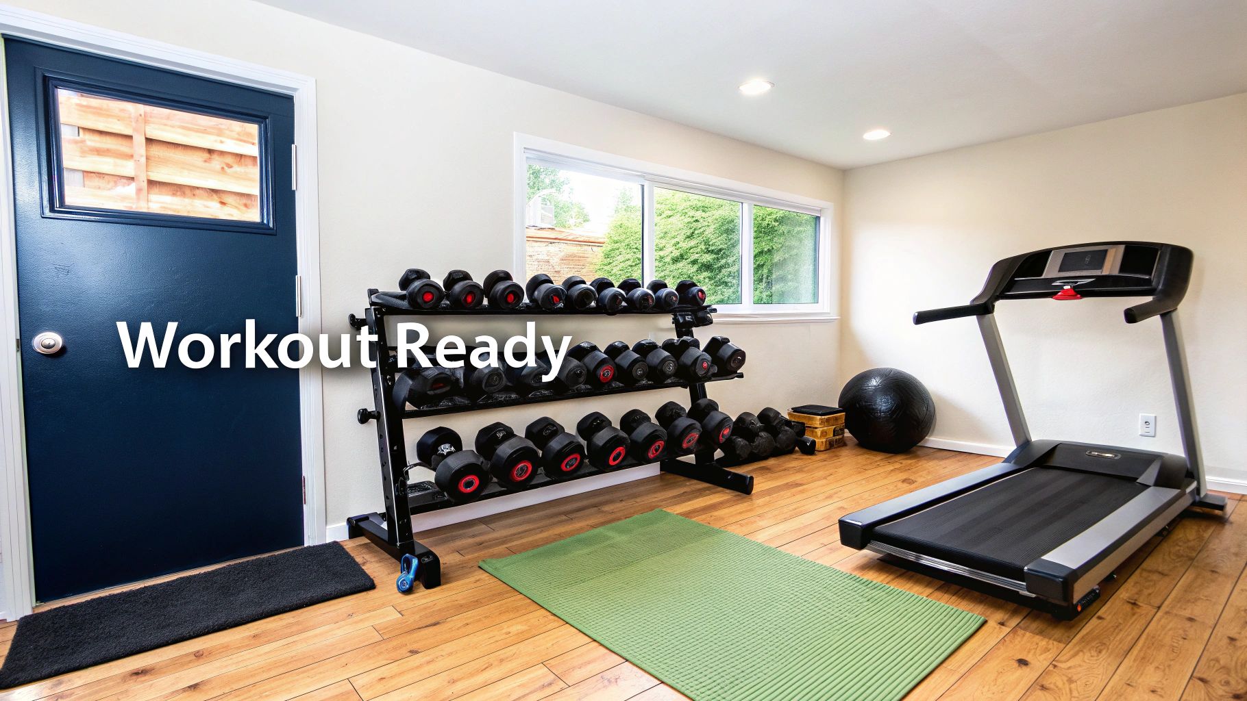 A well-lit home gym in a basement with a dumbbell rack, yoga mat, exercise ball, and treadmill.
