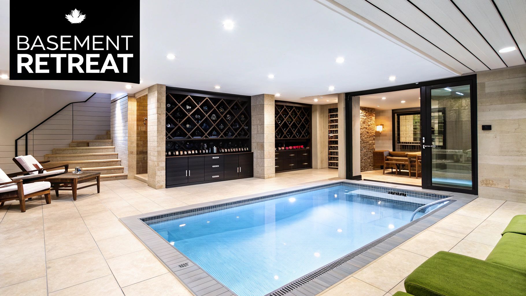 A luxurious basement retreat featuring an indoor swimming pool, elegant wine storage, and a cozy seating area.