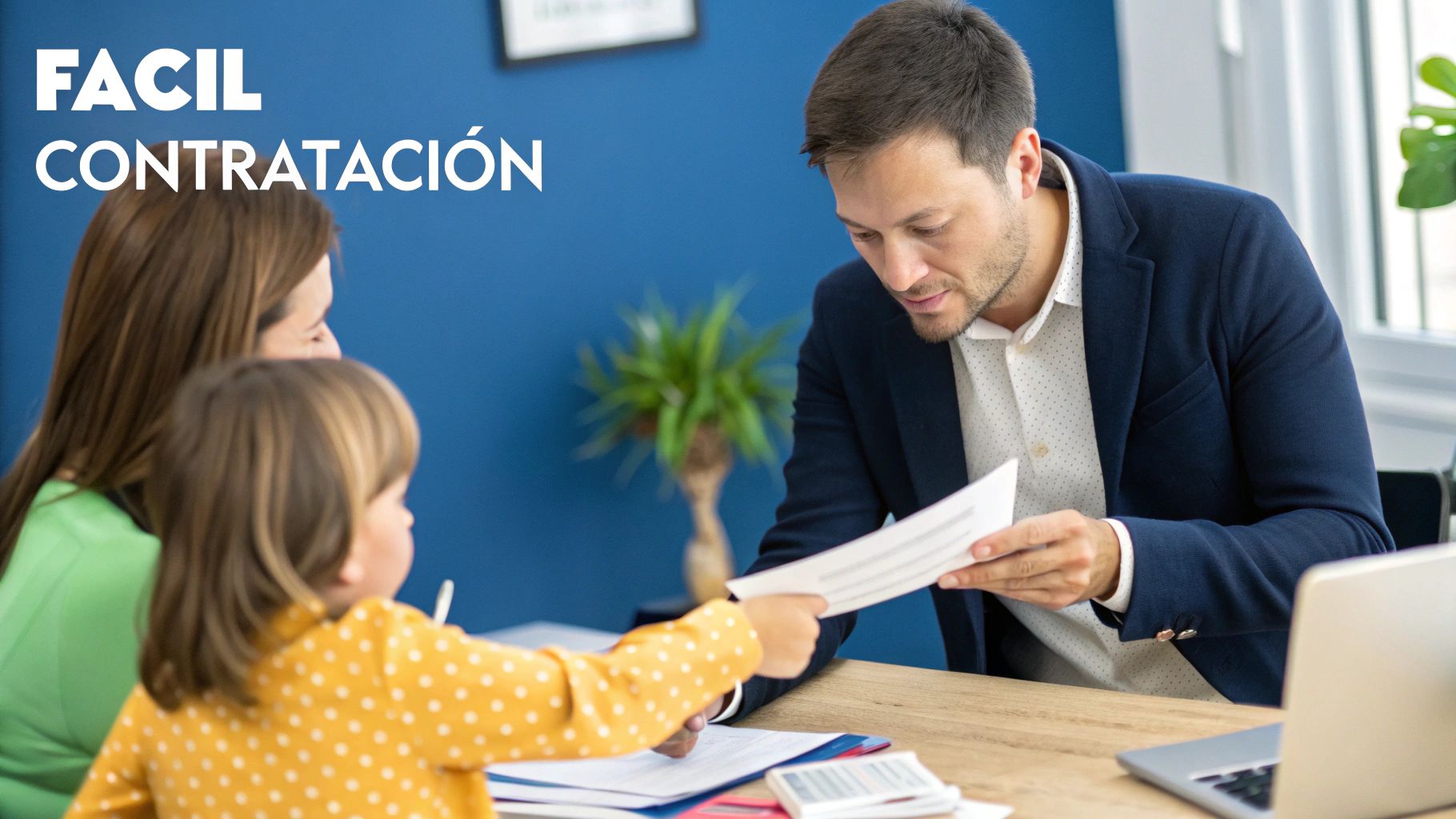 Persona entrevistando a un agente de seguros de salud en una oficina moderna y luminosa.