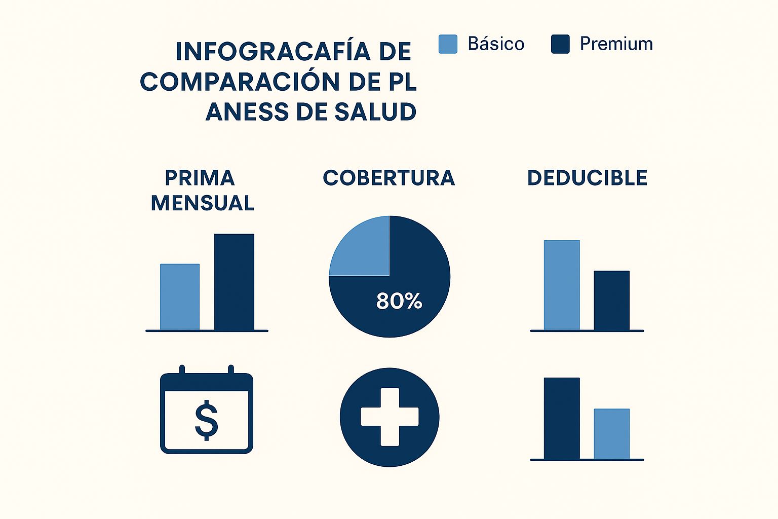 Infografía de comparación de planes de salud que muestra la prima mensual, el porcentaje de cobertura y el deducible anual.