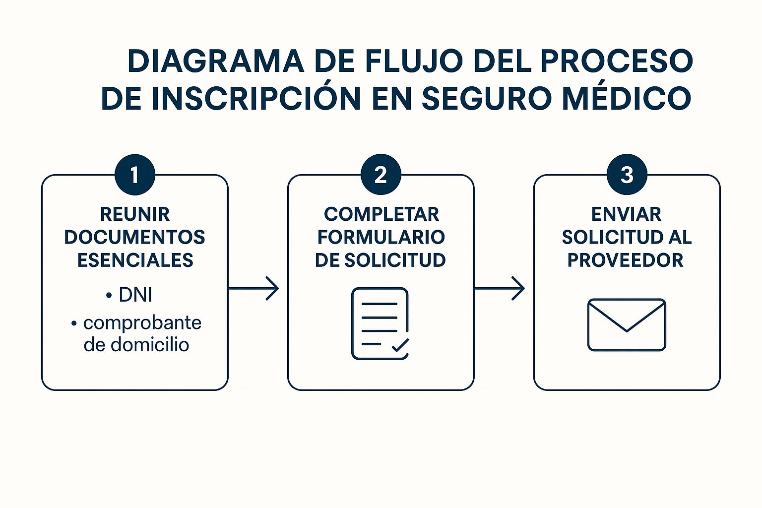 Infográfico que muestra el proceso de inscripción a un seguro médico en tres pasos: reunir documentos, completar elformulario y enviar la solicitud.