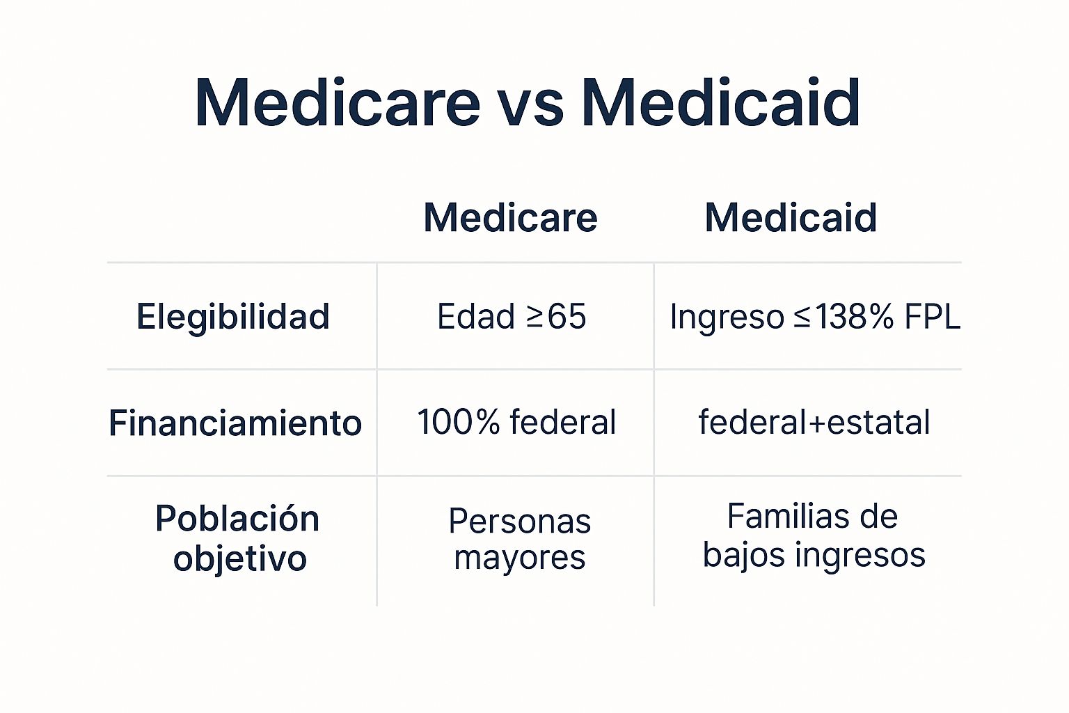 Infográfico que compara Medicare y Medicaid con tres puntos de datos en español: 1) Elegibilidad: Edad ≥65 vs Ingreso ≤138% FPL; 2) Financiamiento: 100% federal vs federal+estatal; 3) Población objetivo: Personas mayores vs familias de bajos ingresos.