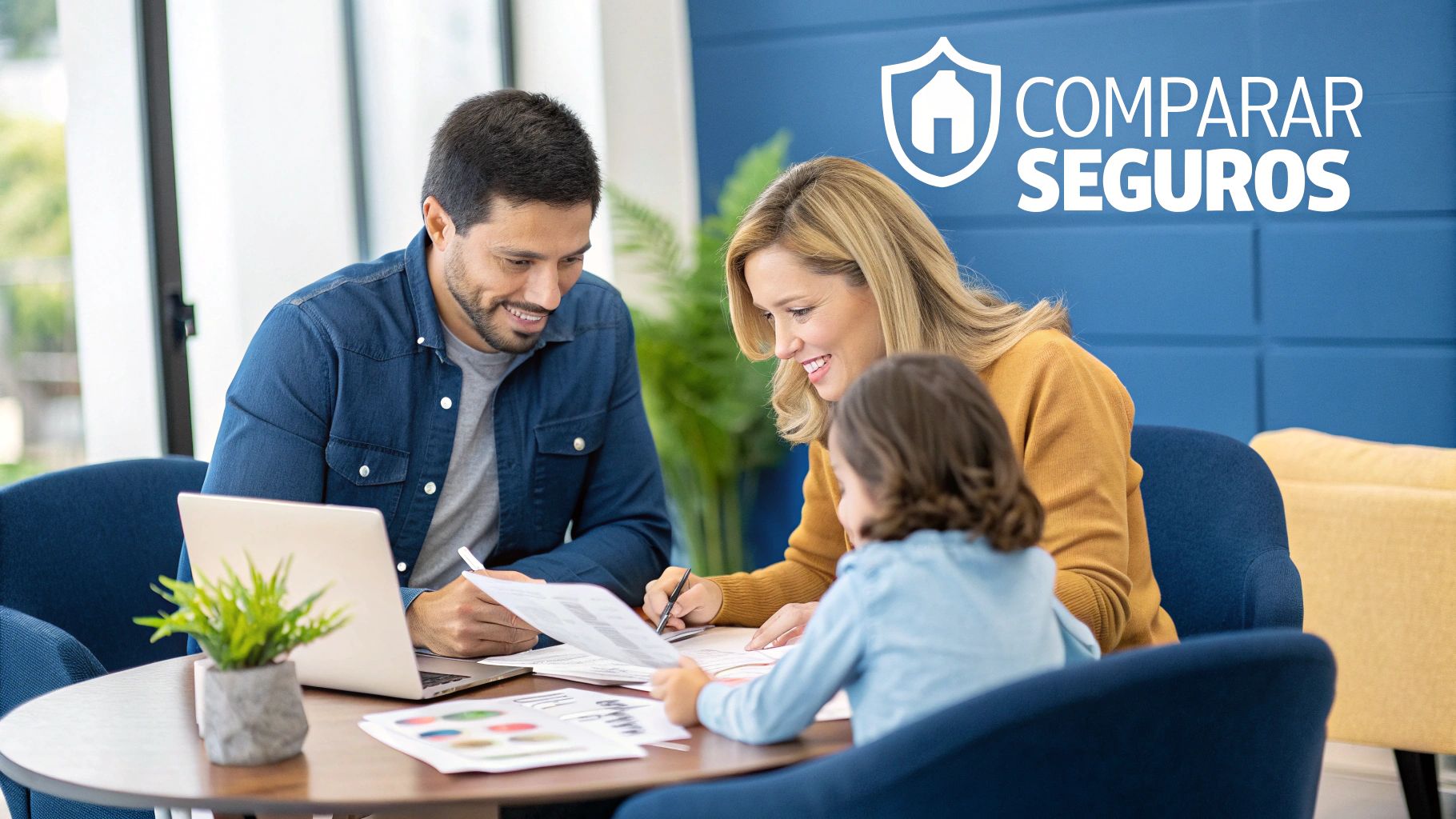 Una persona usando una computadora portátil para comparar opciones de seguros de salud en una mesa con una taza de café y documentos.