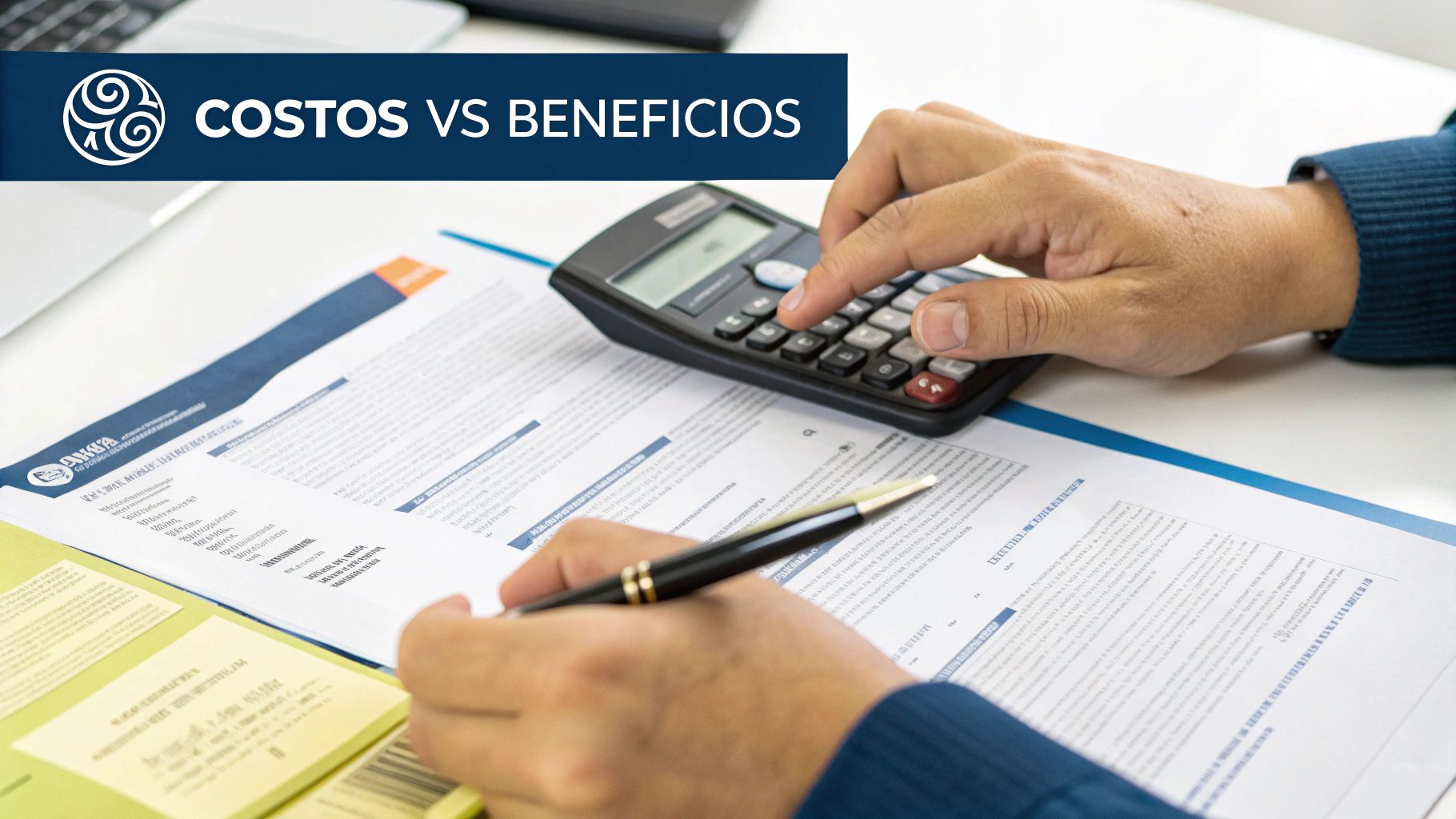 Una persona revisa sus documentos de seguro médico en una mesa con una laptop y una taza de café, mostrando organización y control.