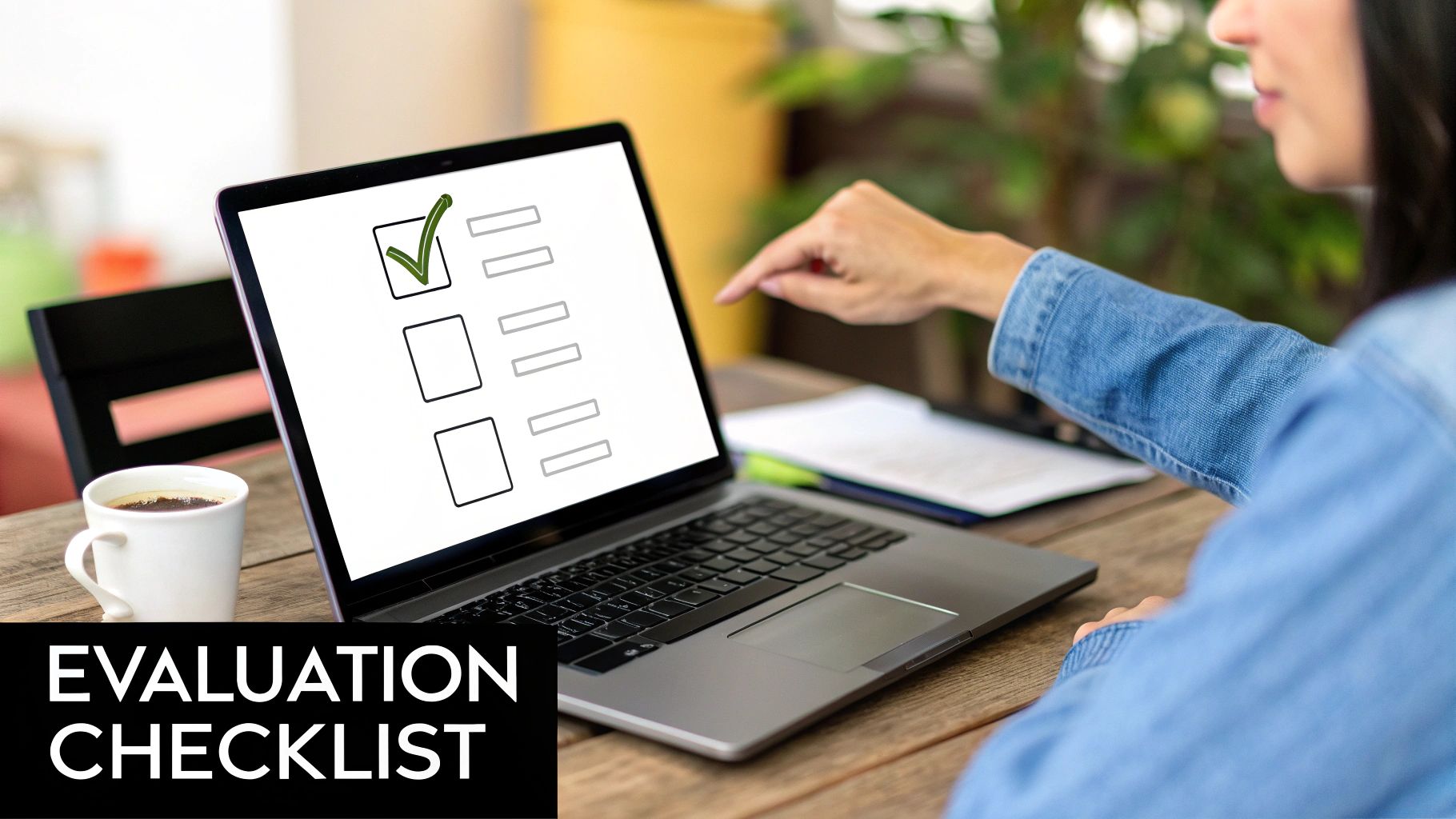 Person's hand pointing at a laptop screen displaying a digital evaluation checklist with one item checked.