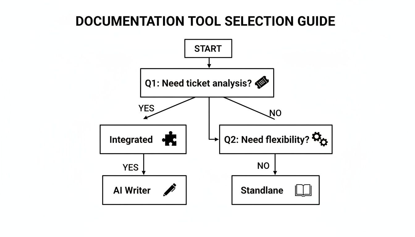 A flowchart guides documentation tool selection based on ticket analysis and flexibility, leading to AI Writer or Standlane.