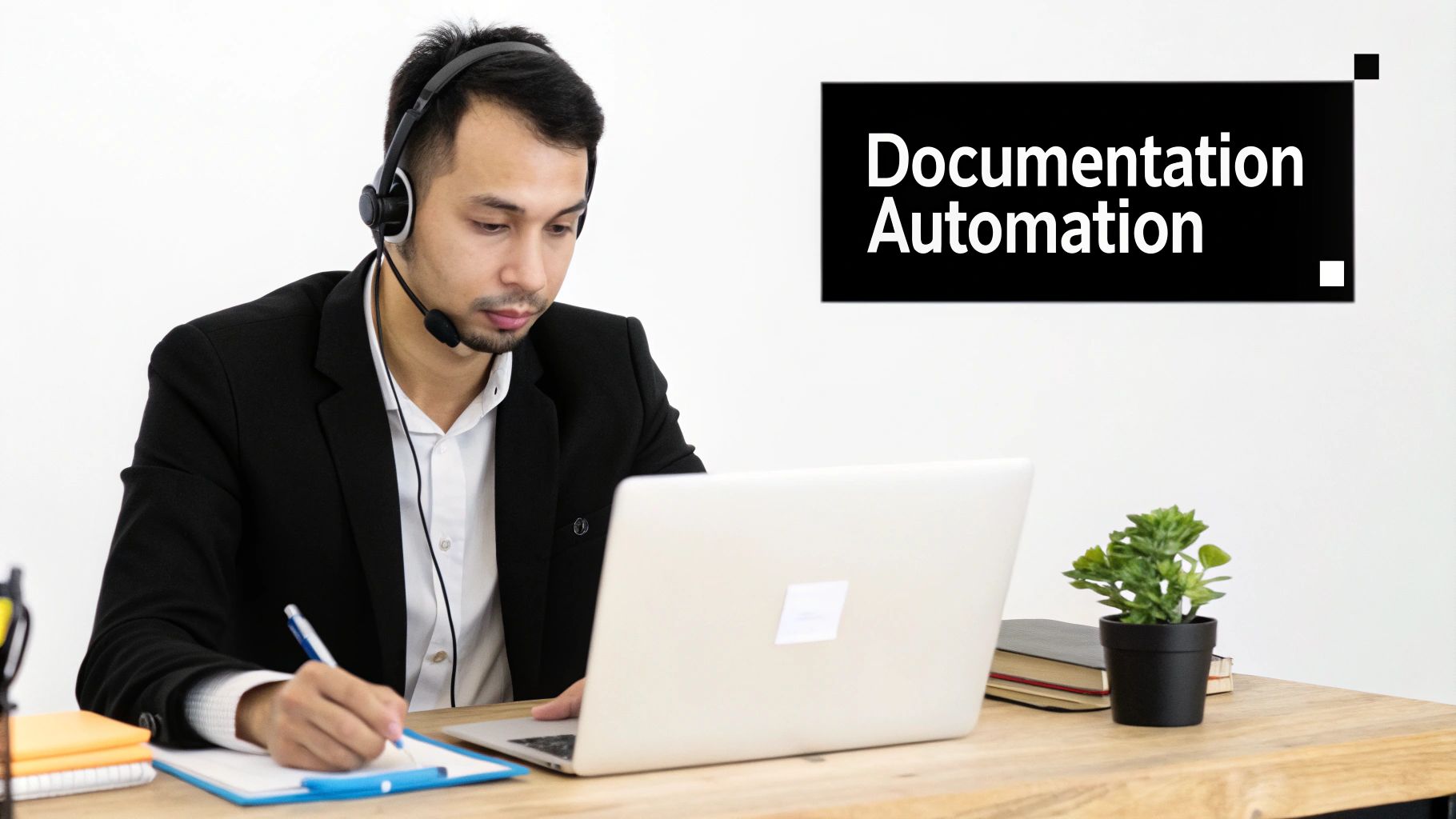 A man wearing a headset works on a laptop and writes notes, next to a 'Documentation Automation' sign.