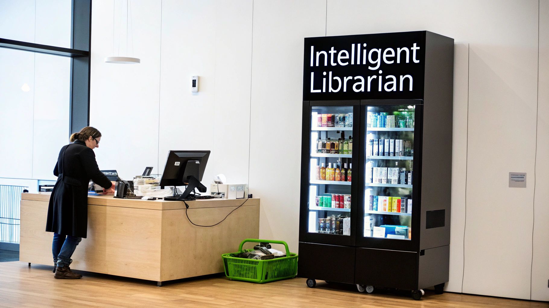A woman works at a wooden service desk next to an 'Intelligent Librarian' vending machine filled with various products.