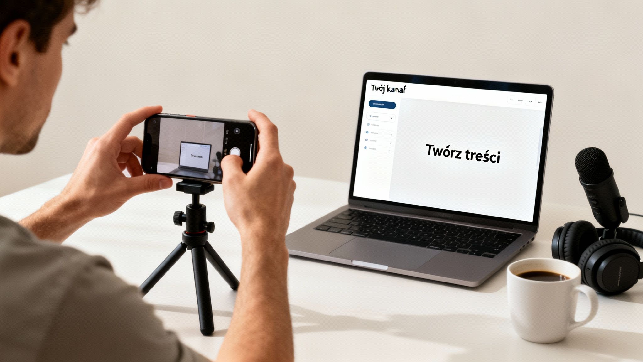 Osoba nagrywa smartfonem ekran laptopa z napisem "Twórz treści", używając statywu i sprzętu do streamingu.