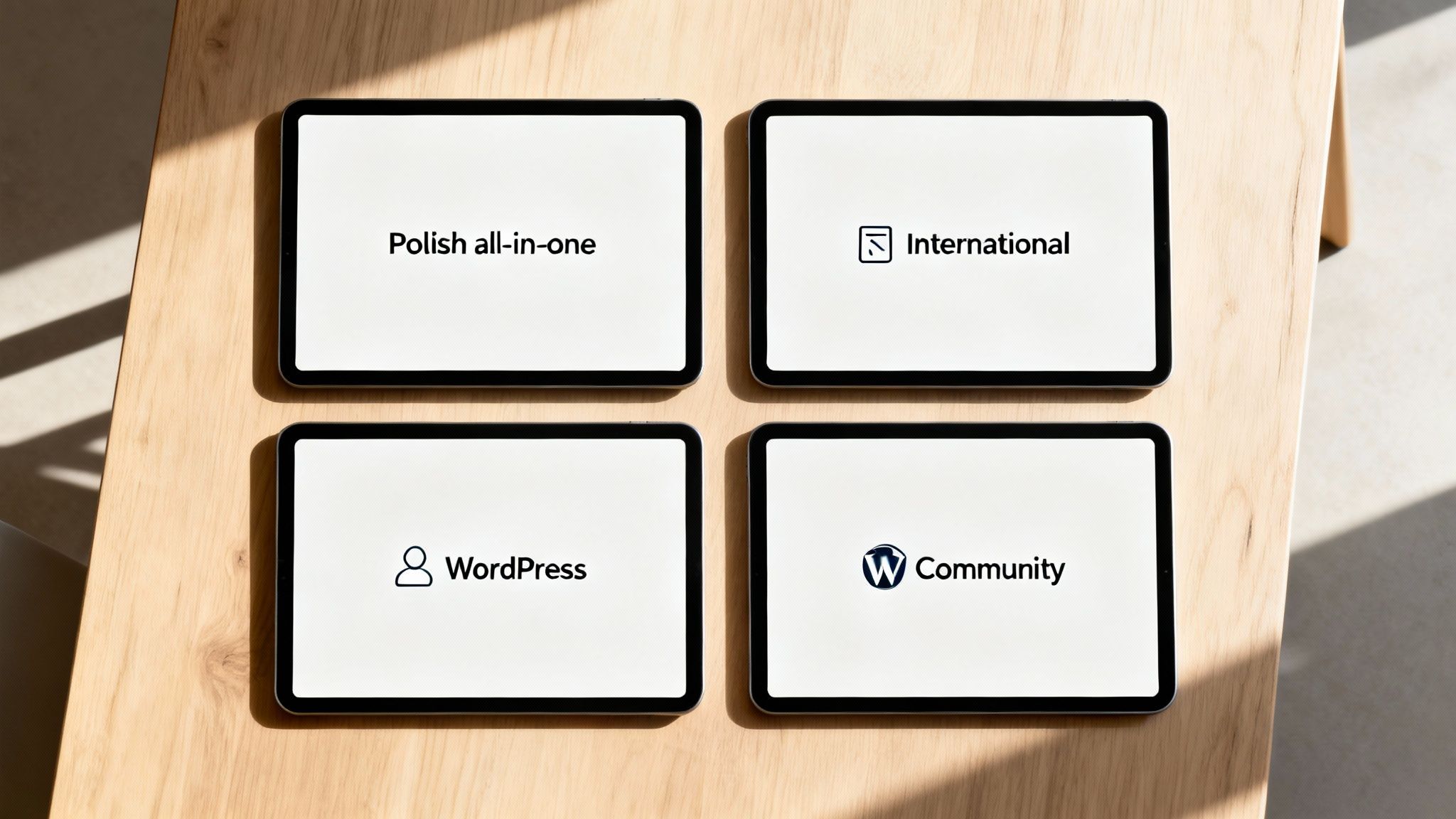 Cztery tablety wyświetlające opcje WordPress: Polish all-in-one, International, WordPress i Community na drewnianym stole