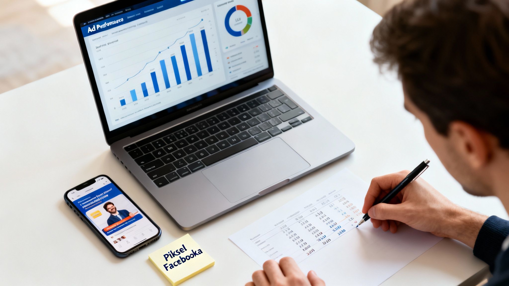 Mężczyzna analizuje dane na laptopie z wykresami, obok leży telefon i notatki z napisem 'Piksel Facebooka'.
