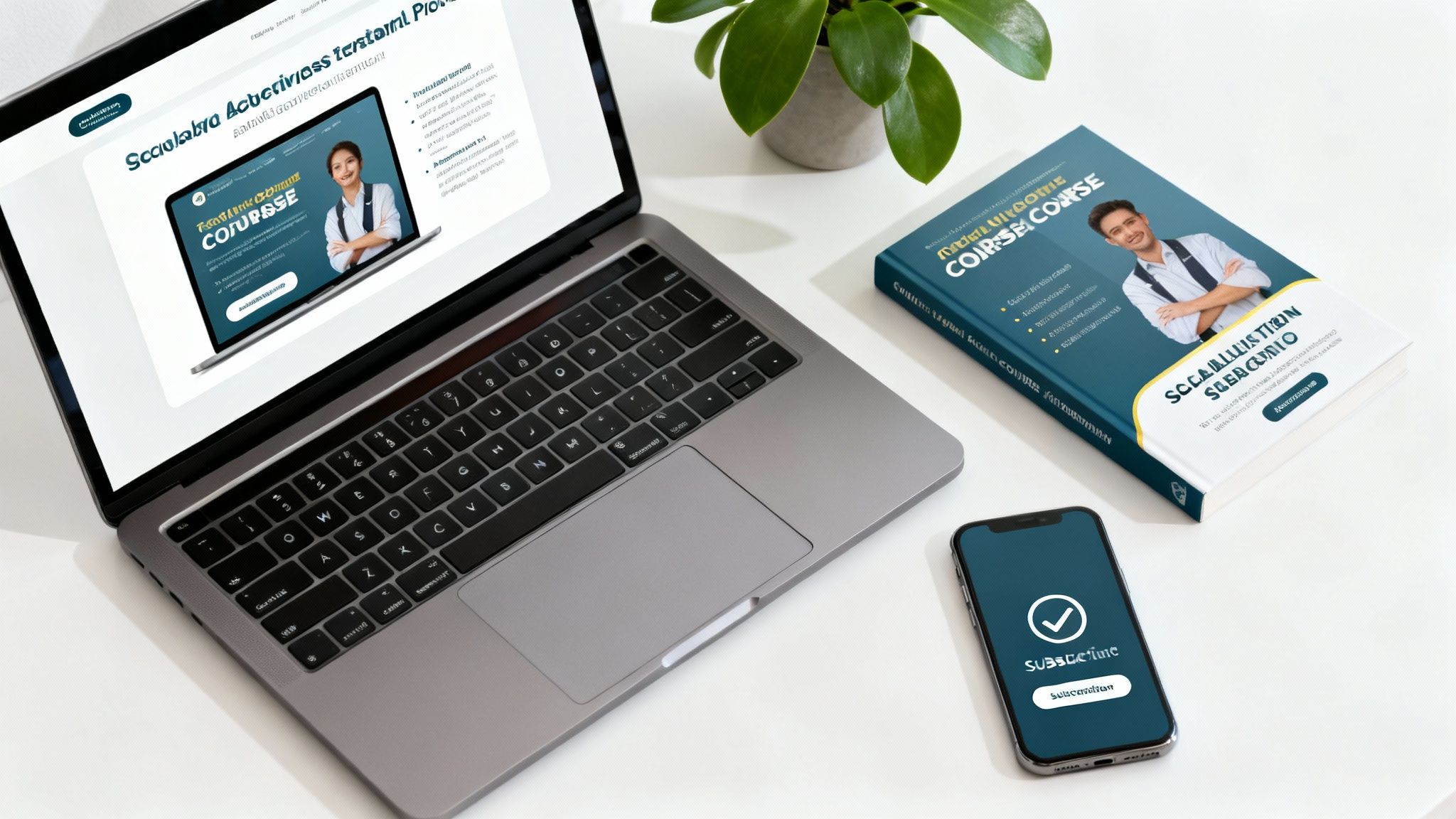 Osoba tworząca produkty cyfrowe na laptopie, otoczona ikonami kursów, e-booków i społeczności.