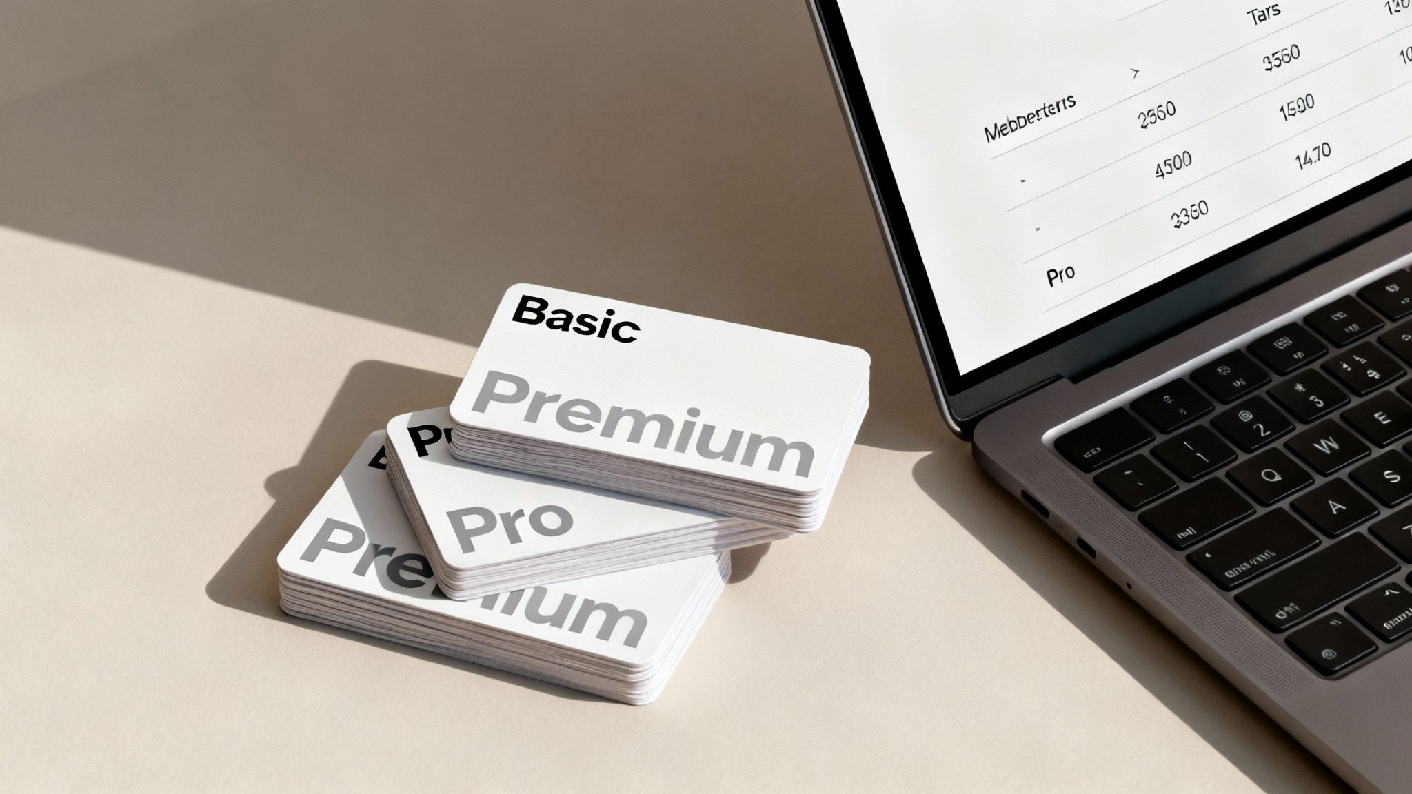 A stack of white cards displaying 'Basic', 'Premium', and 'Pro' membership tiers next to a laptop.