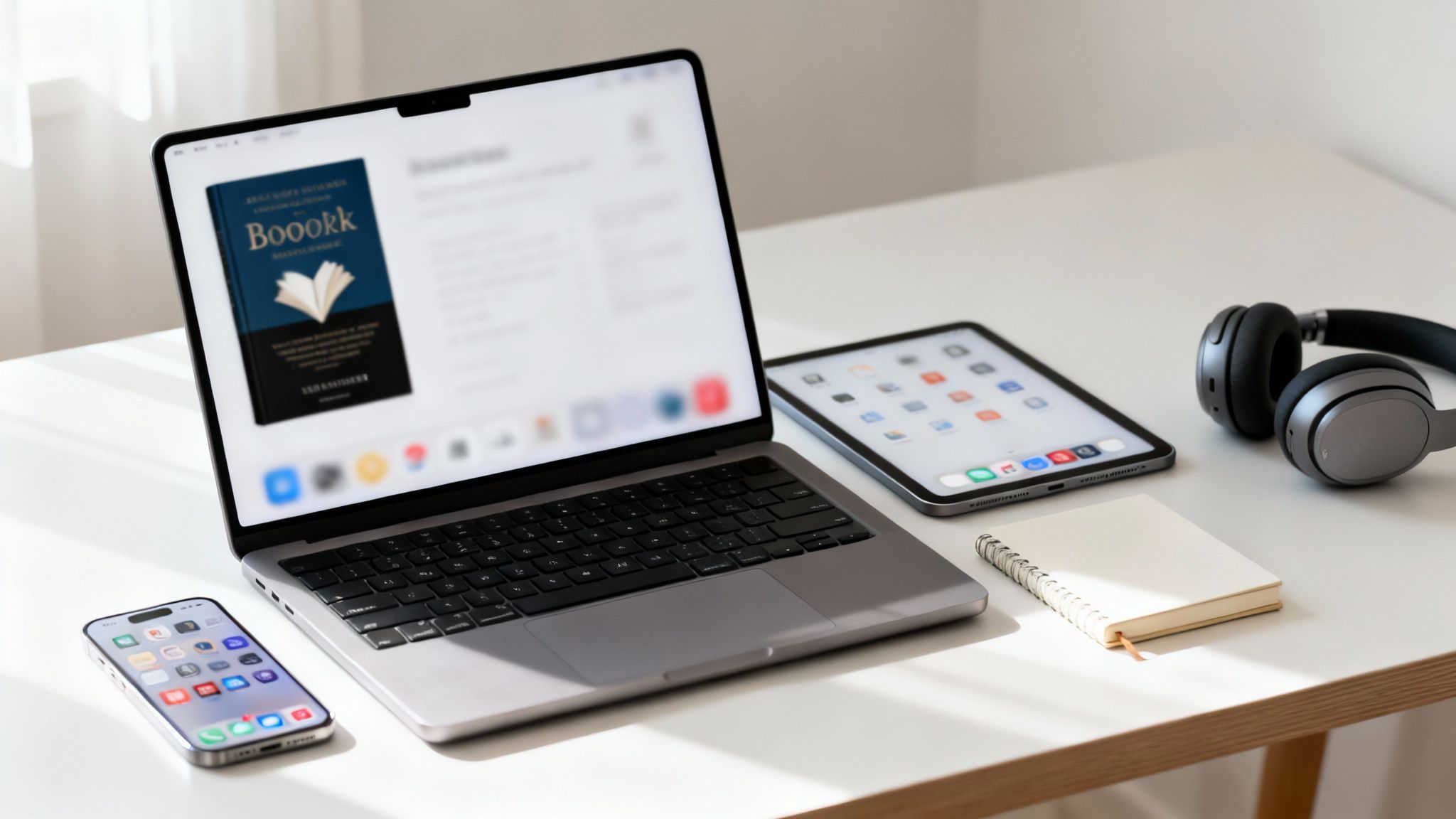 Nowoczesne biurko z laptopem, tabletem, smartfonem, słuchawkami i notesem, idealne do pracy.