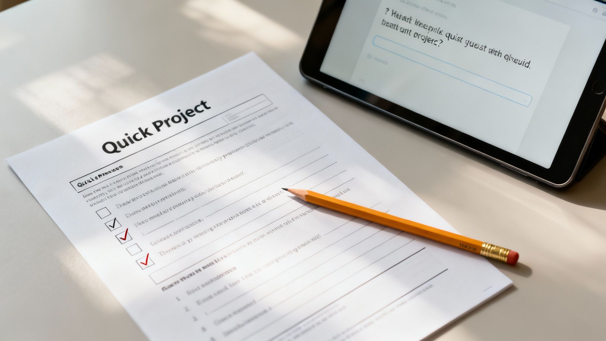 A 'Quick Project' document with checkboxes and a pencil on a desk next to a tablet displaying text.