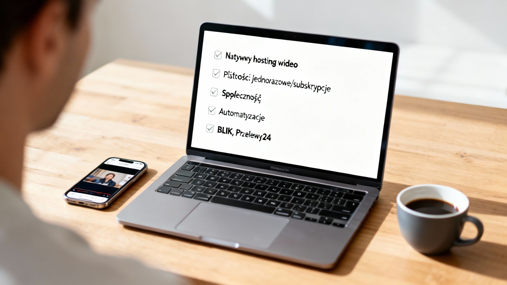 Mężczyzna patrzy na laptopa z listą funkcji platformy e-learningowej i smartfon z wideo na drewnym biurku.