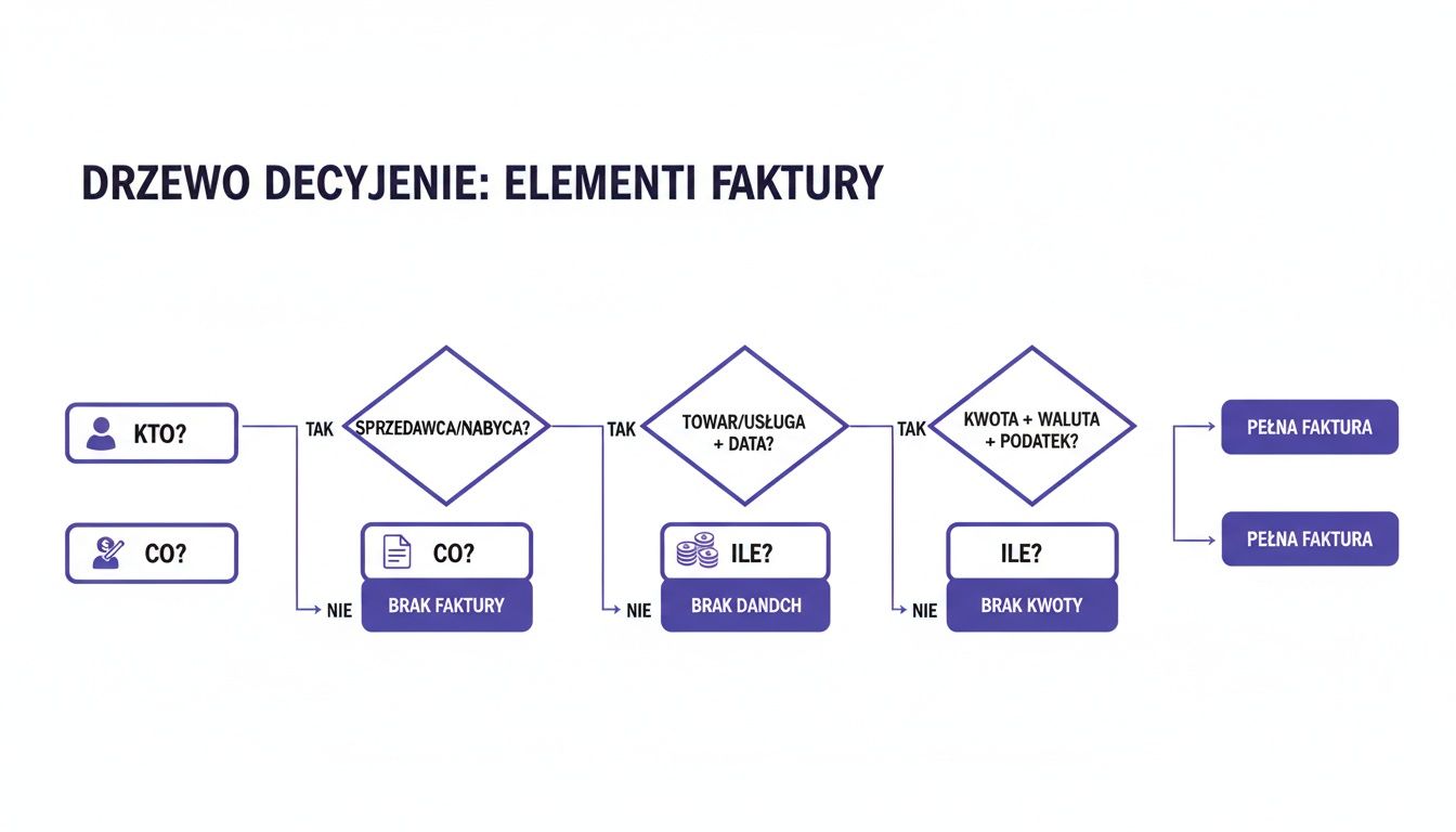 Diagram drzewa decyzyjnego przedstawiający kluczowe elementy faktury, takie jak dane sprzedawcy, produktu, kwoty i podatku.