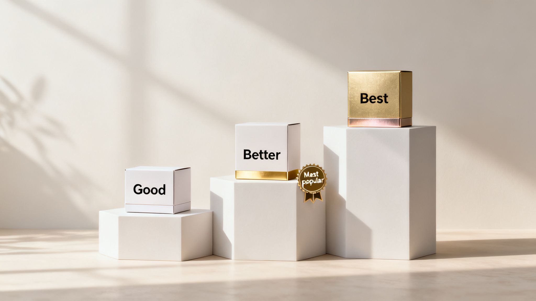 Three boxes labeled Good, Better, and Best on pedestals, with 'Most popular' badge on Better, illustrating pricing tiers.