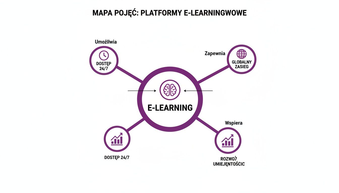 Mapa pojęć platform e-learningowych, ukazująca dostępność 24/7, globalny zasięg i rozwój umiejętności.