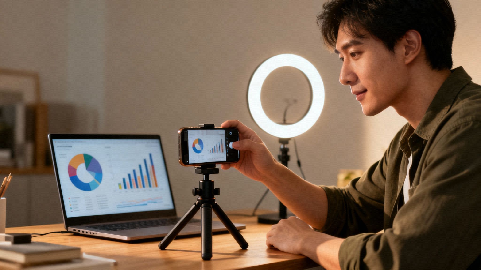 Mężczyzna przygotowuje się do transmisji online, prezentując dane biznesowe na laptopie i smartfonie z lampą pierścieniową.