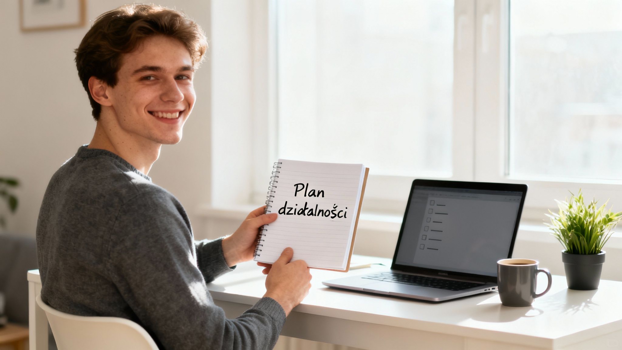 Osoba planująca założenie własnej firmy przy biurku z laptopem.