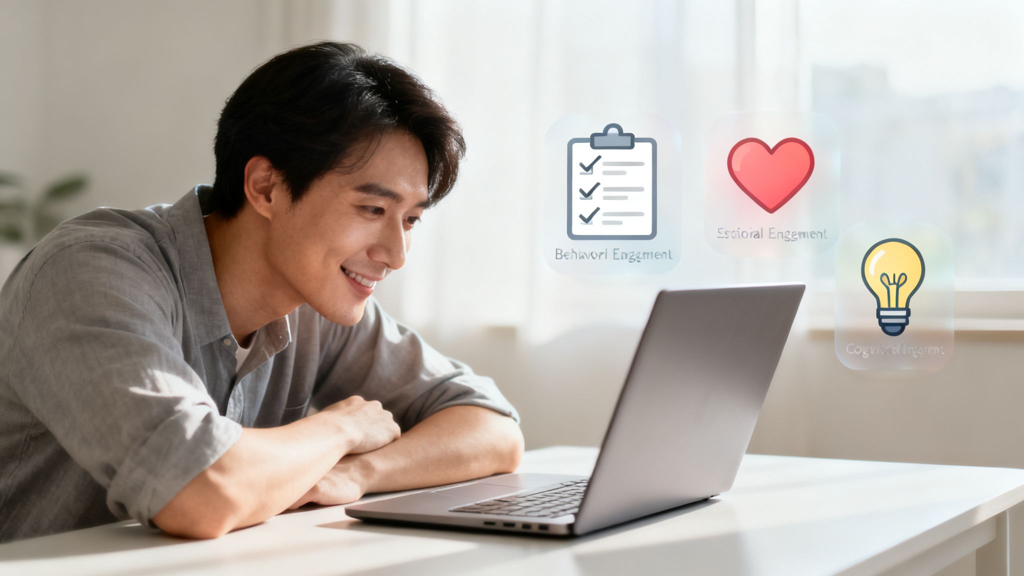 A smiling man uses a laptop, surrounded by icons for behavioral, emotional, and cognitive engagement.