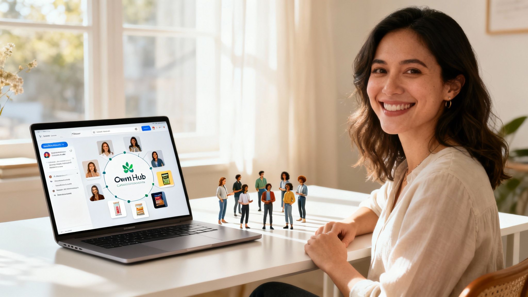 Smiling woman at a desk with a laptop showing 'Owm Hub' and small figurines of people.