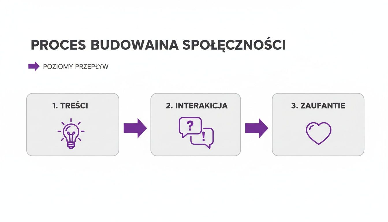 Infografika przedstawiająca proces budowania społeczności: Treści, Interakcja, Zaufanie. Strzałki wskazują przepływ etapów.
