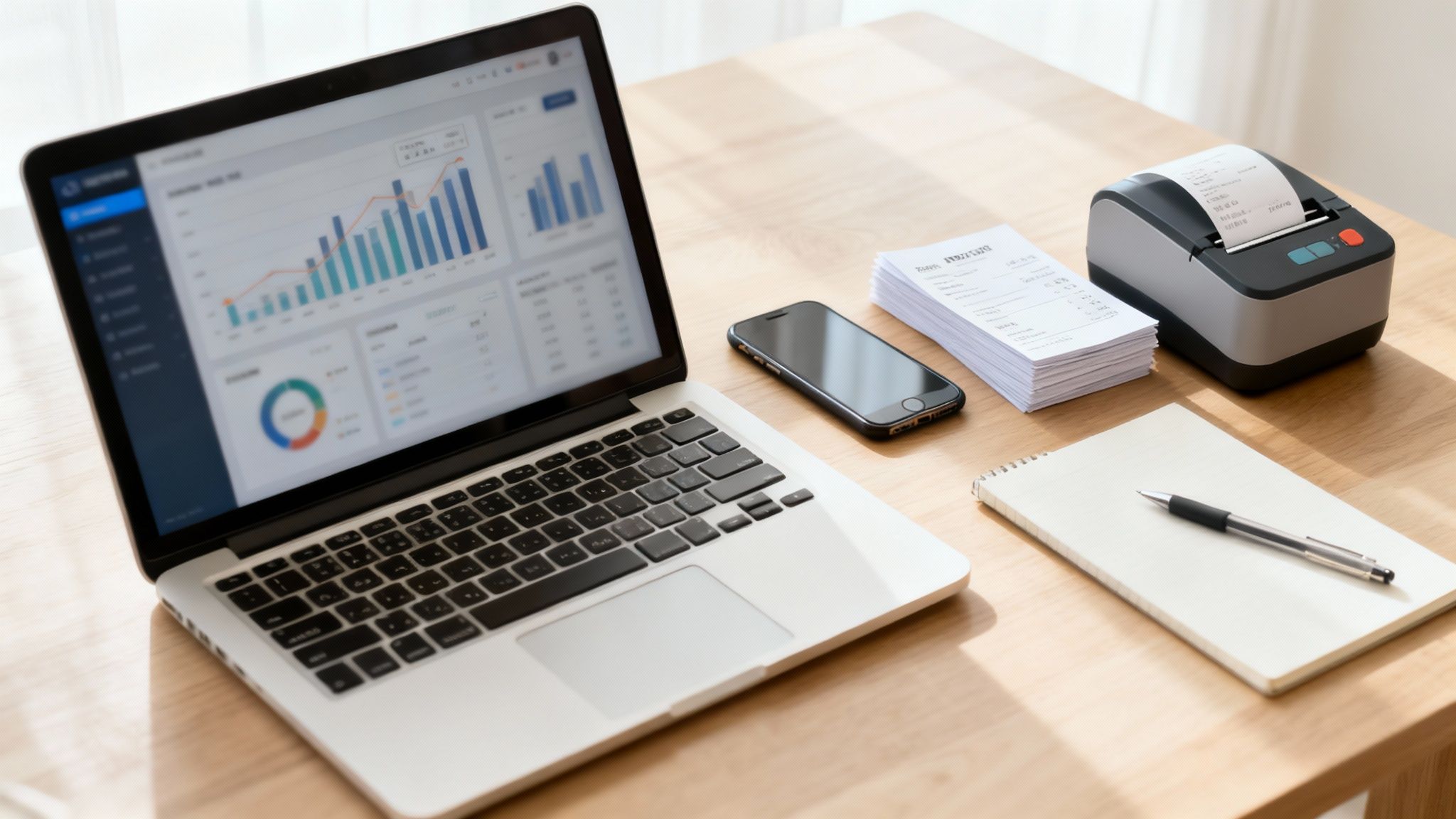 Biurko z laptopem wyświetlającym wykresy finansowe, smartfonem, stosem paragonów i drukarką termiczną.