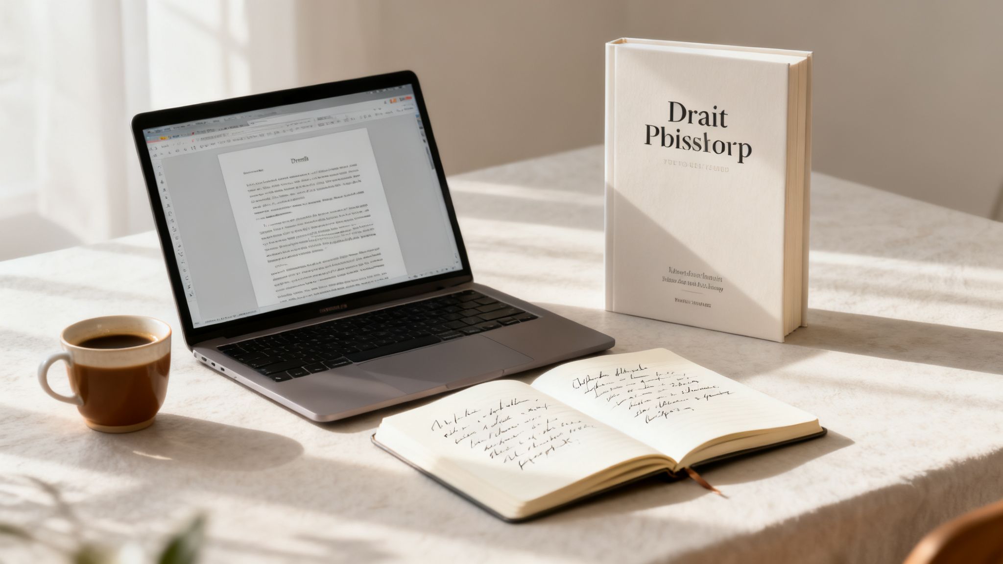 Biurko z laptopem, otwartym notatnikiem, filiżanką kawy i książką w kremowej okładce, oświetlone słońcem.