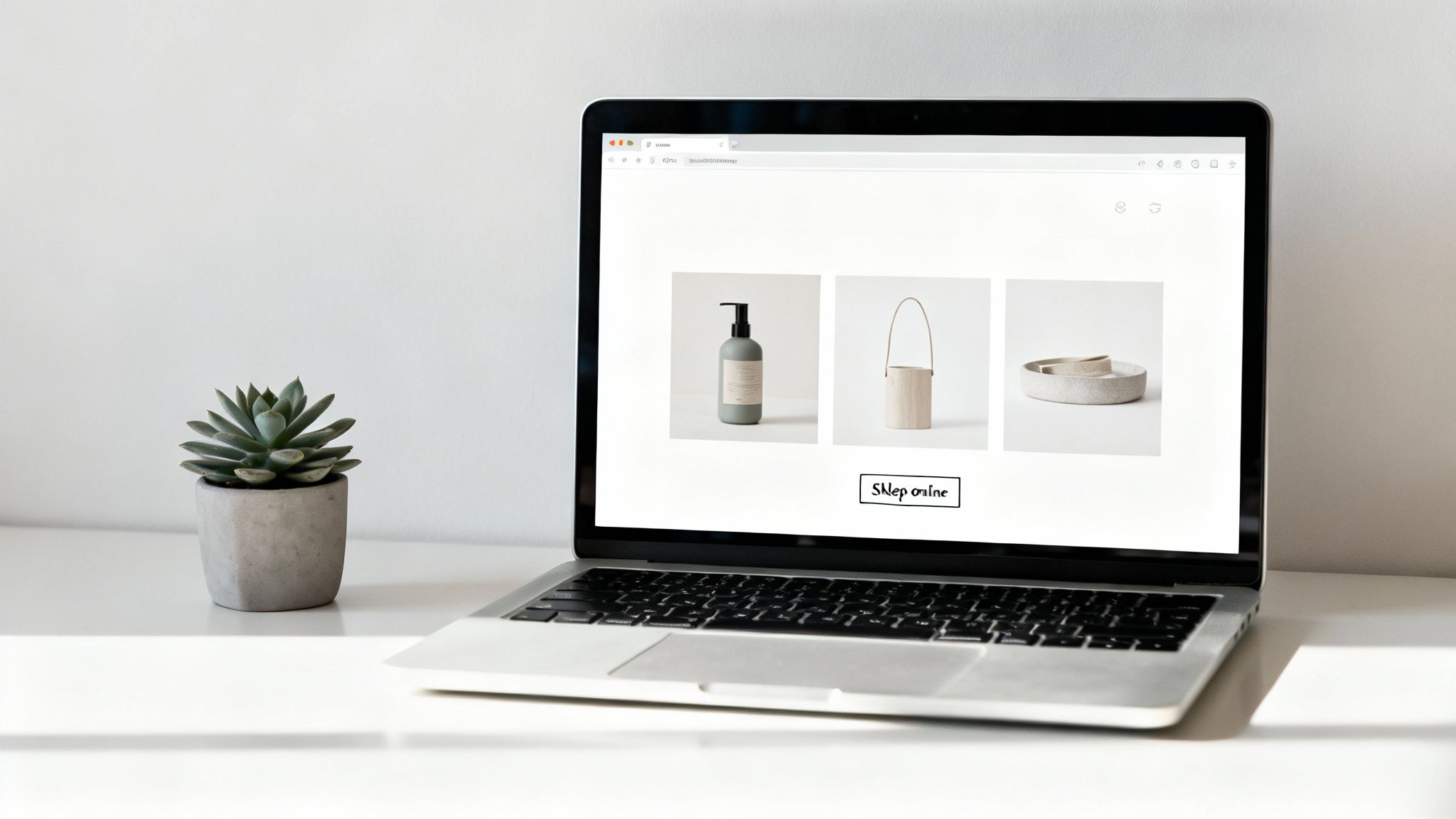 Laptop na białym biurku, wyświetlający sklep internetowy z produktami i napisem 'Shop online', obok doniczkowej rośliny.