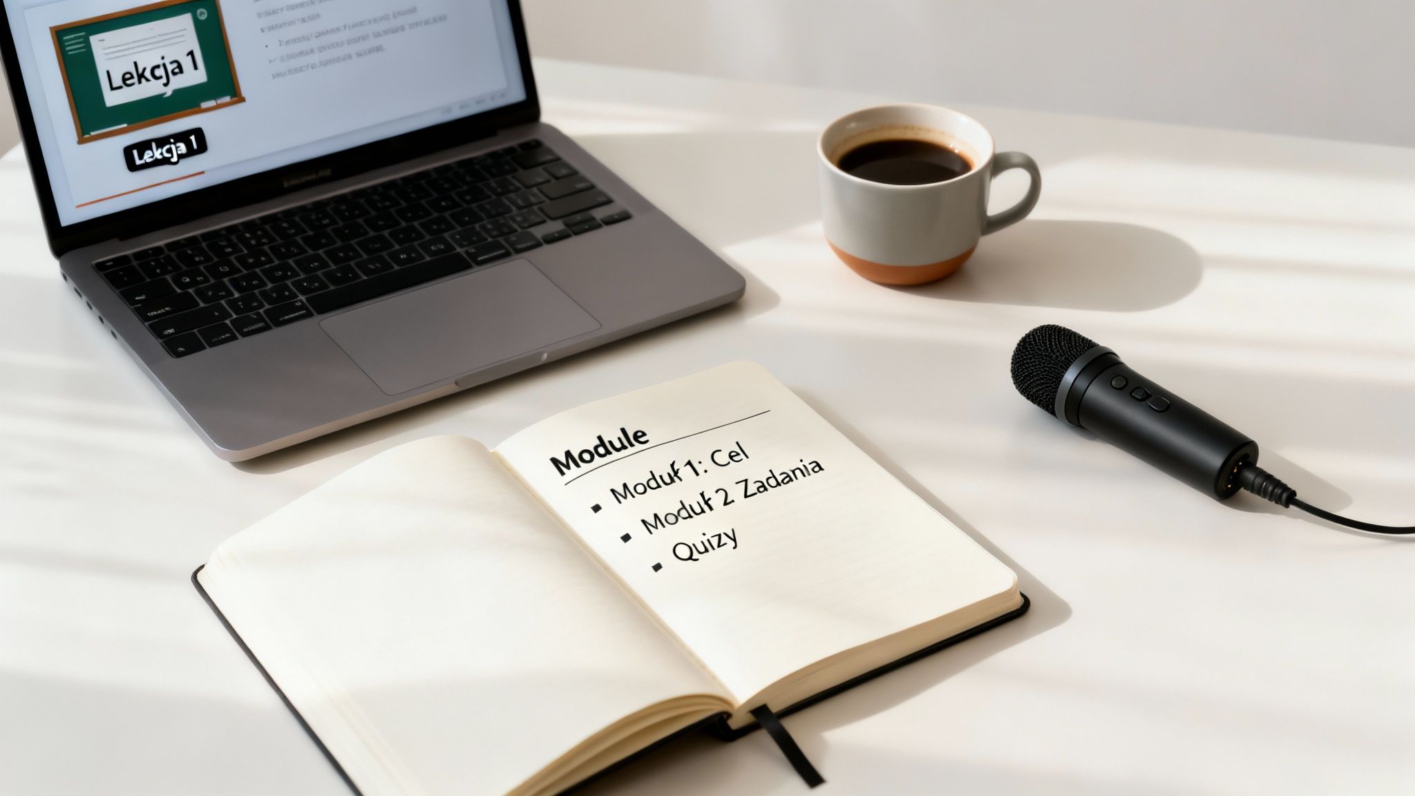 Biurko z laptopem wyświetlającym Lekcję 1, otwartym notatnikiem z modułami, kawą i mikrofonem.