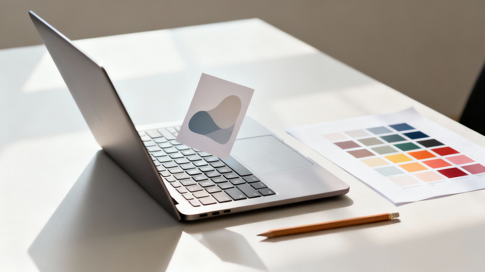 Laptop, karta z abstrakcyjnym wzorem, próbnik kolorów i ołówek na białym biurku projektanta.