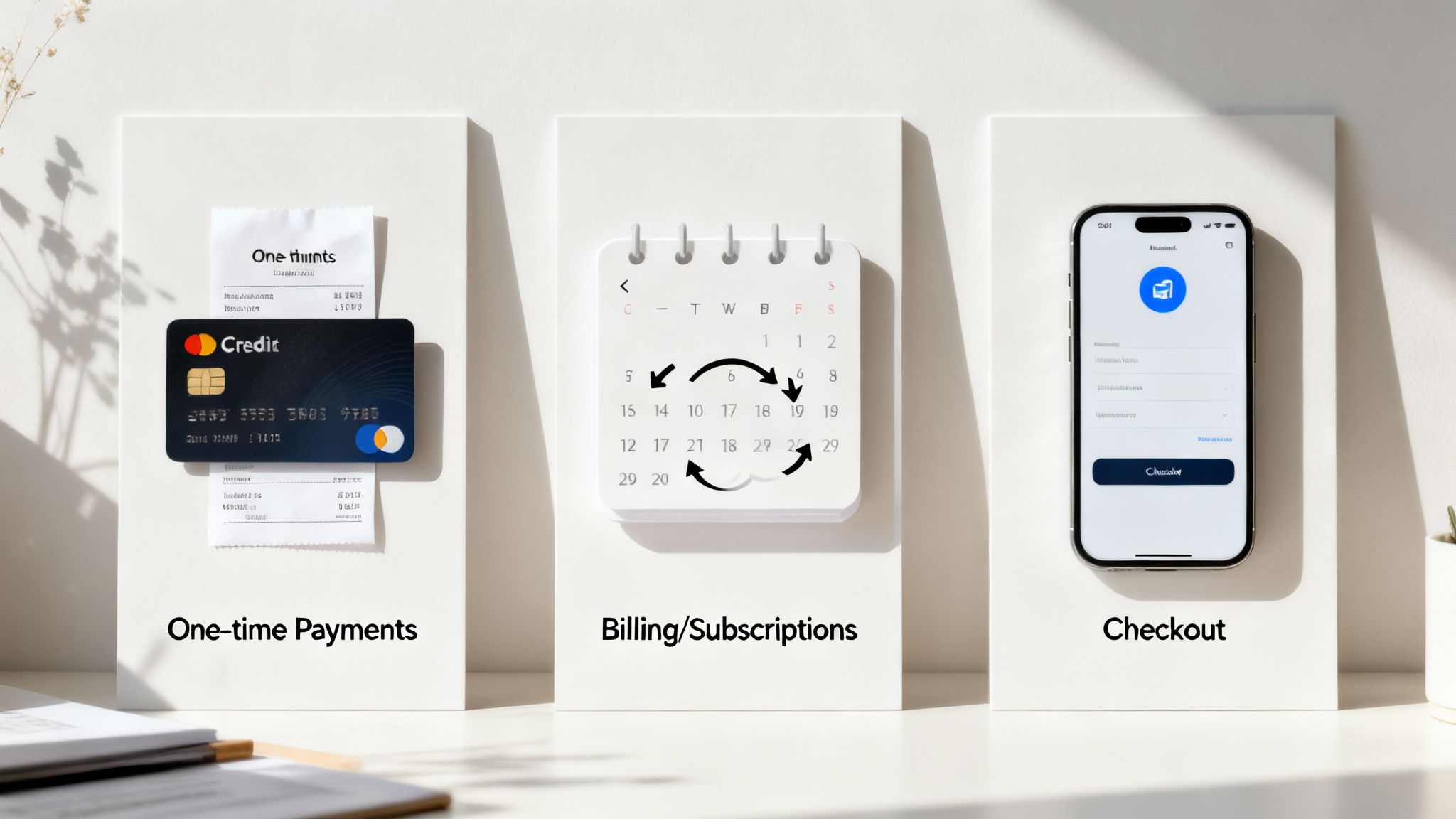 Trzy panele przedstawiające płatności jednorazowe (karta, paragon), subskrypcje (kalendarz) i proces zakupu (telefon).