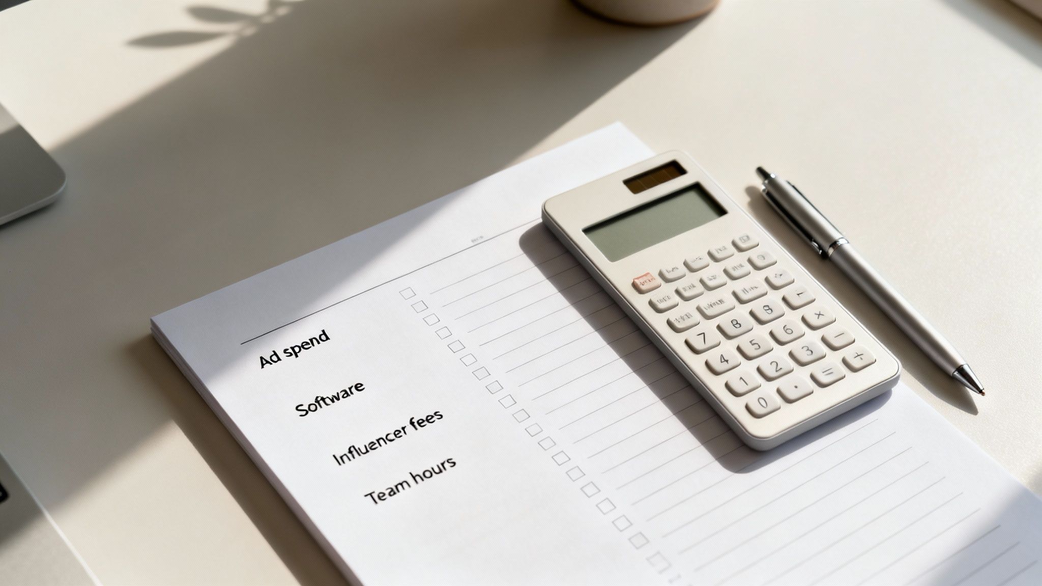 A calculator and pen resting on a notepad listing various marketing expenses like ad spend and software.