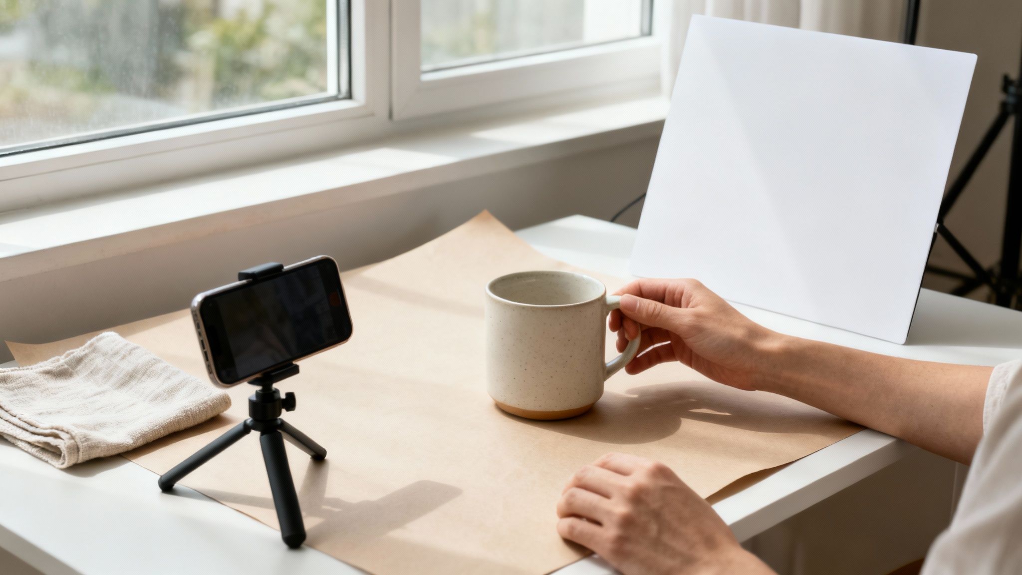 Osoba trzymająca kubek podczas przygotowywania do fotografowania produktu, ze smartfonem na statywie i rekwizytami na stole.