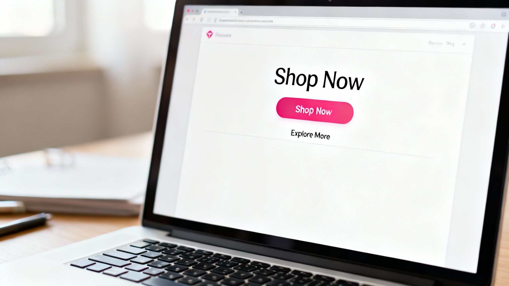 A laptop on a wooden desk displaying a website with a prominent pink 'Shop Now' button.