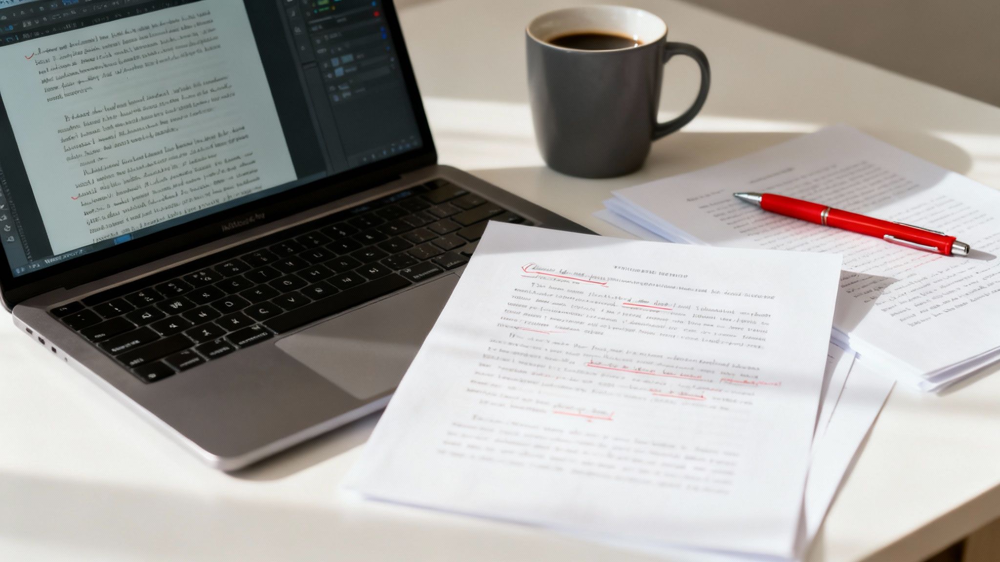 Otwarty laptop na biurku obok kubka kawy i dokumentów z odręcznymi czerwonymi notatkami.