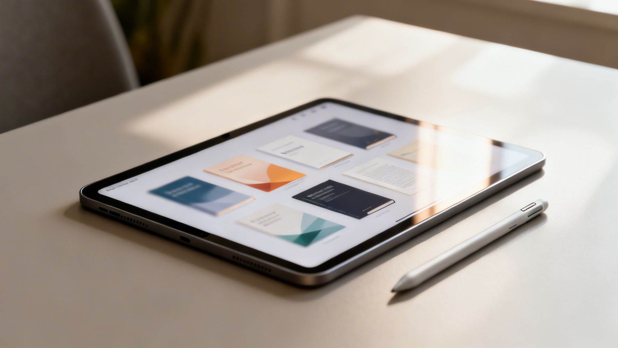 Tablet z wyświetlonymi okładkami książek cyfrowych leży na jasnym blacie obok rysika, oświetlony słońcem.