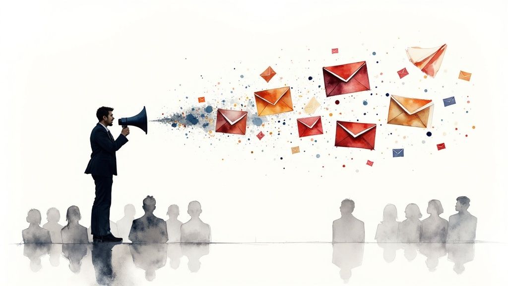 A person using a laptop with social media and email icons floating around, symbolizing promotion and audience outreach.