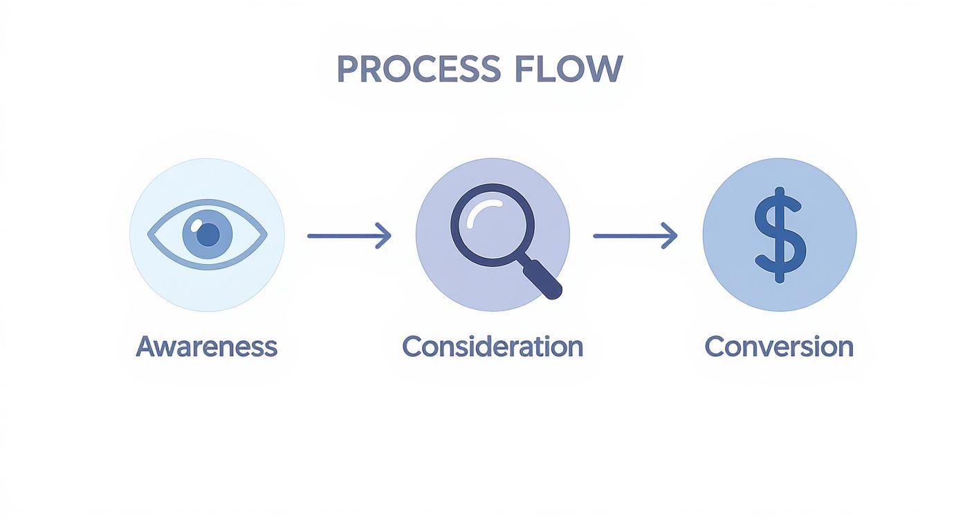 A process flow diagram illustrating the sales funnel stages: Awareness, Consideration, and Conversion, with visual icons.