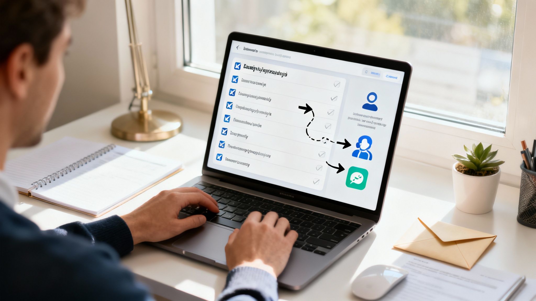 Mężczyzna pracuje na laptopie z listą zadań i ikonami użytkowników/wiadomości, siedząc przy biurku.