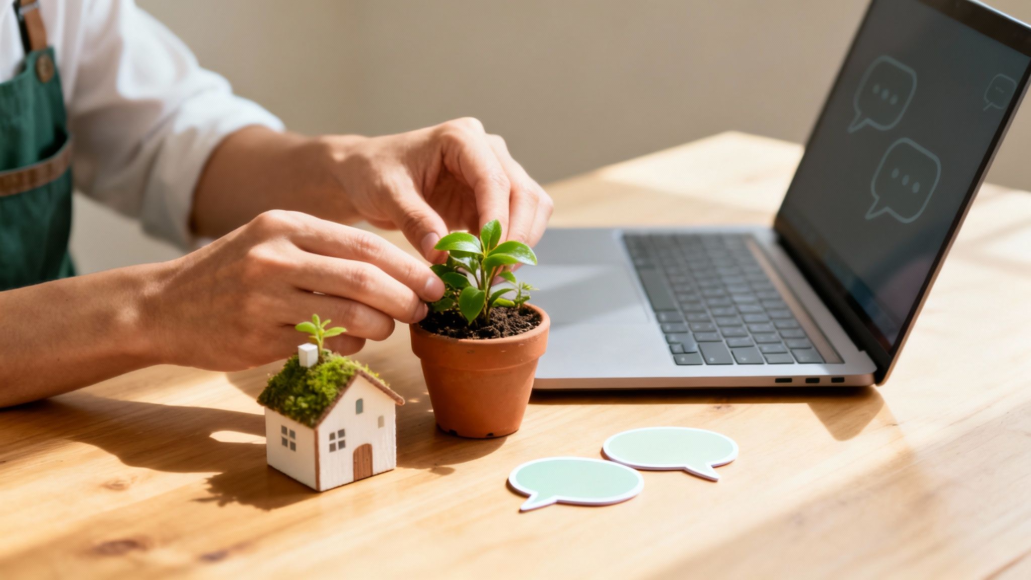Hands tending a plant, with a green miniature house and a laptop showing chat icons on a wooden desk.