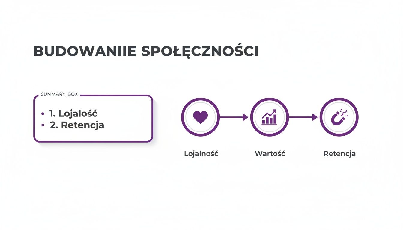 Grafika przedstawiająca proces budowania społeczności, z etapami: Lojalność, Wartość i Retencja, symbolizowanymi przez serce, wykres i magnes.