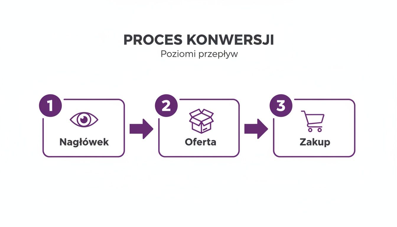 Diagram przedstawiający proces konwersji w trzech krokach: nagłówek (zobaczenie), oferta (produkt), zakup (koszyk). Strzałki wskazują kolejność.