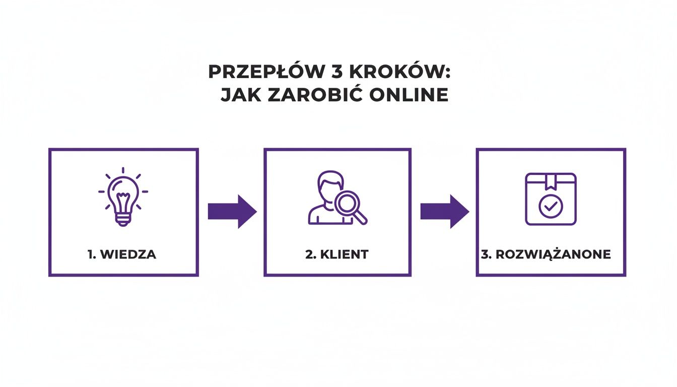 Diagram przedstawiający trzy kroki do zarabiania online: wiedza (żarówka), pozyskanie klienta (lupa) i sukces (rozwiązane zadanie).