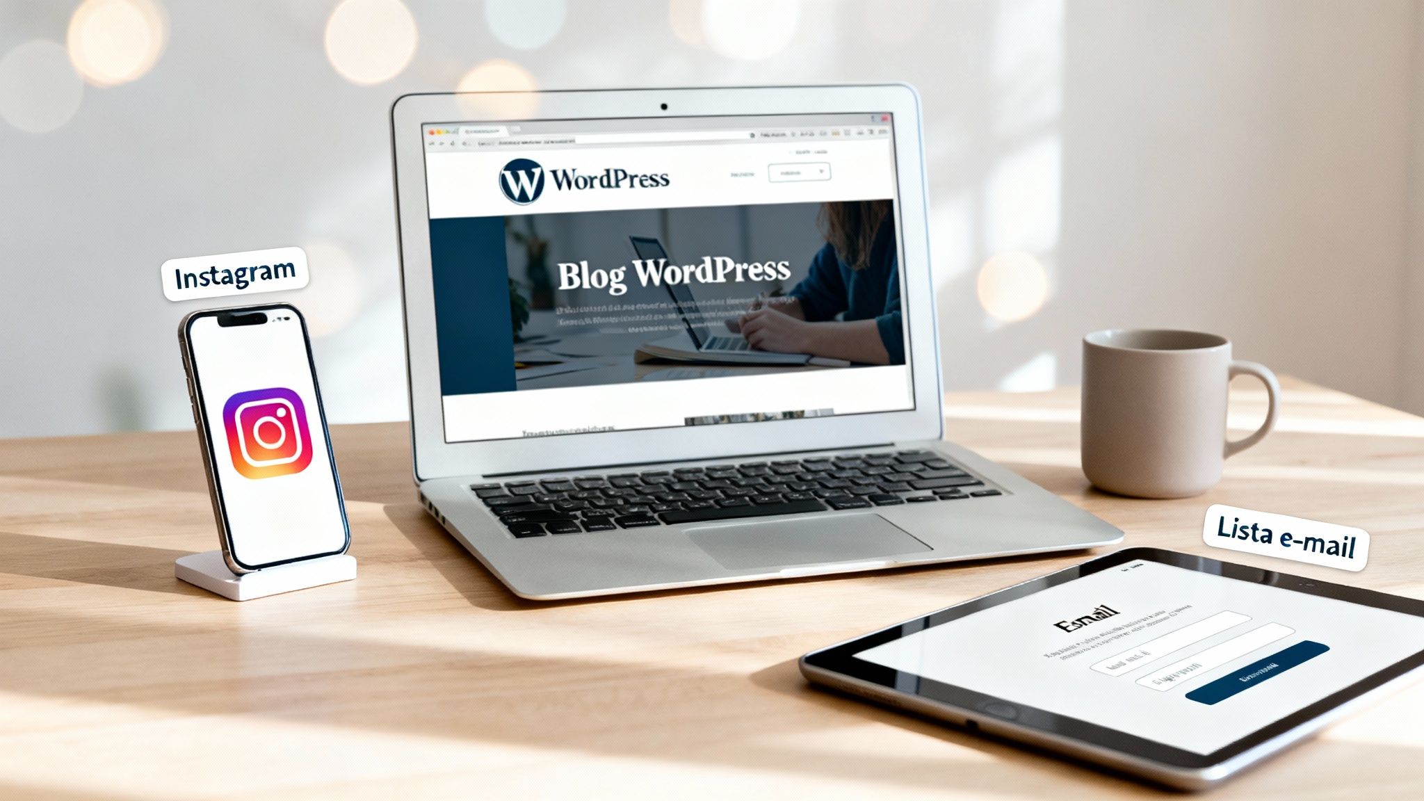 Biurko z laptopem wyświetlającym blog WordPress, smartfonem z Instagramem i tabletem do zapisu na listę e-mail.